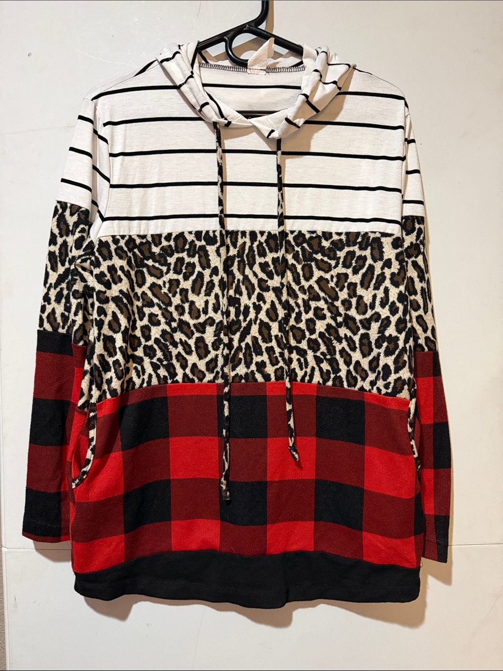 Mixed Print Hooded Pullover - Stripes, Leopard & Red Buffalo Plaid